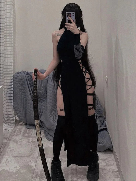 Goth Dark Cosplay High Split Sexy Bandage Damen Kleider Y2K Mall Gothic Neckholder Slim Midi Kleid Schwarz Grunge Style Alt Partywear So ist Leben