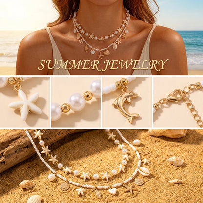 Boho Mehrschichtige Muschel-Seestern-Anhänger-Halskette für Frauen Handgefertigte Perlen-Imitationsperlen-Choker Strandparty-Schmuck Geschenk So ist Leben
