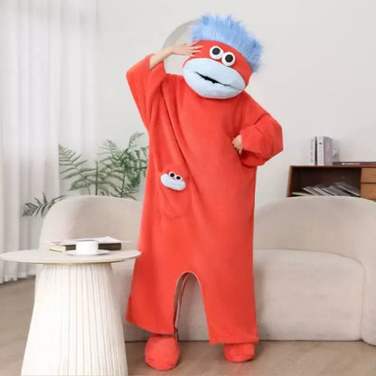 Hangyodon One Piece Pyjama aus Korallenfleece, dick, warm, für den Winter, Cartoon-Motiv, lustiger Fischmund, Nachtwäsche für Damen und Herren, Paar-Loungewear So ist Leben