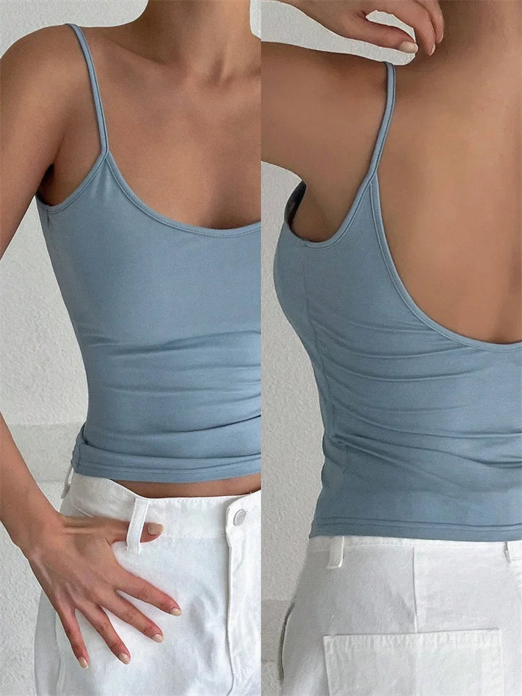Frauen Backless Cami Crop Top Sommer Einfarbig Casual Ärmelloses Top Streetwear Y2K Kleidung So ist Leben
