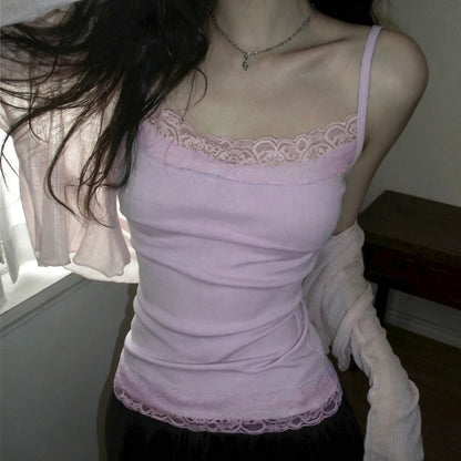SUCHCUTE Sexy Spitzenbesatz Patchwork Camisole Y2K Ärmellose Spaghetti-Träger Cami Tops Sommer Urlaubskleidung Damen Tank Coquette So ist Leben