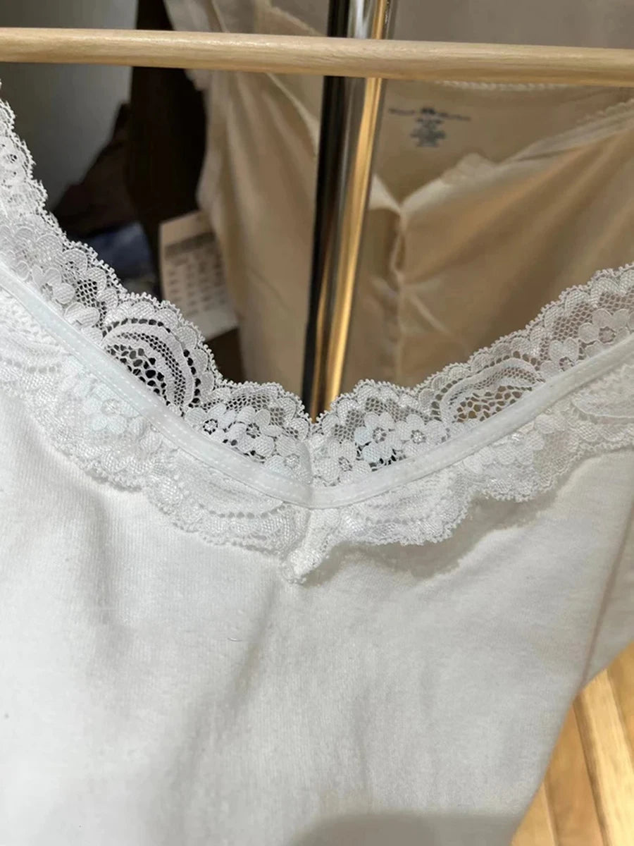Süße Spitze Patchwork Schlank Tank Tops Frauen Sommer Weiß Sexy Einfache Baumwolle Weiche Ärmellose Westen Weibliche Vintage Chic Y2K Leibchen So ist Leben