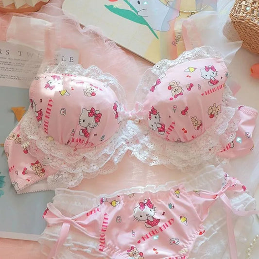 2 stücke Japanische Süße KT Kawaii Gedruckt Unterwäsche Frauen Push-up Keine Draht Bh Nette Lolita Spitze Girly Herz höschen Slip Set Geschenke So ist Leben
