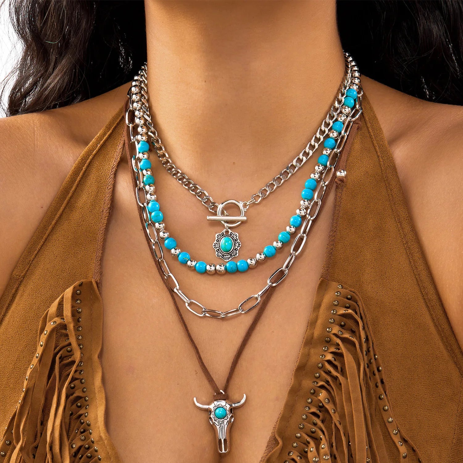 Bohemian Türkis Perlen Western Cowboy Stil Halskette Für Frauen Retro Metall Kaktus Kuh Kopf Anhänger Halsband Mode Schmuck So ist Leben