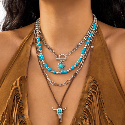 Bohemian Türkis Perlen Western Cowboy Stil Halskette Für Frauen Retro Metall Kaktus Kuh Kopf Anhänger Halsband Mode Schmuck So ist Leben