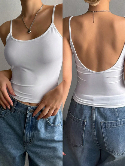 Frauen Backless Cami Crop Top Sommer Einfarbig Casual Ärmelloses Top Streetwear Y2K Kleidung So ist Leben