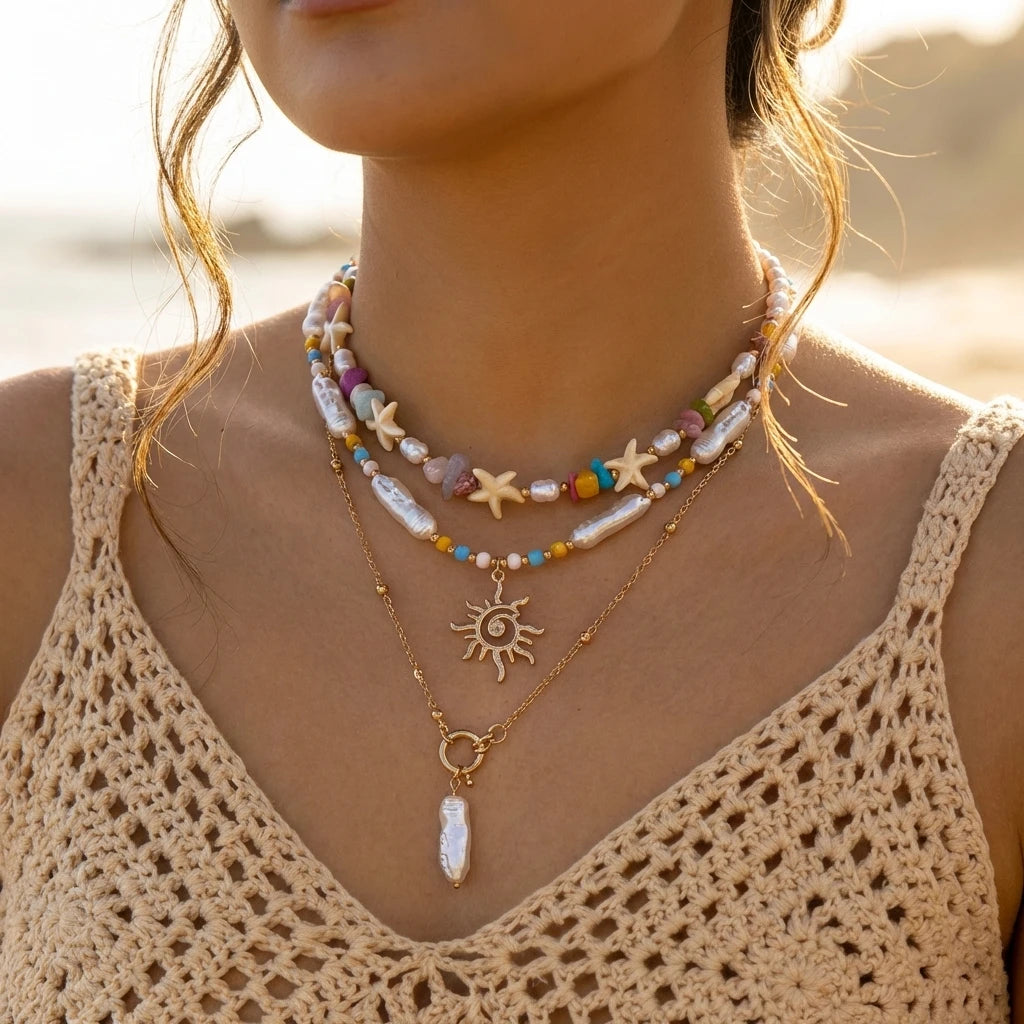 Böhmische Vintage Muschel Seestern Schildkröte Mehrschichtige Halskette für Frauen Ethnische Handgemachte Blaue Perlenketten Sommer Strand Schmuck So ist Leben
