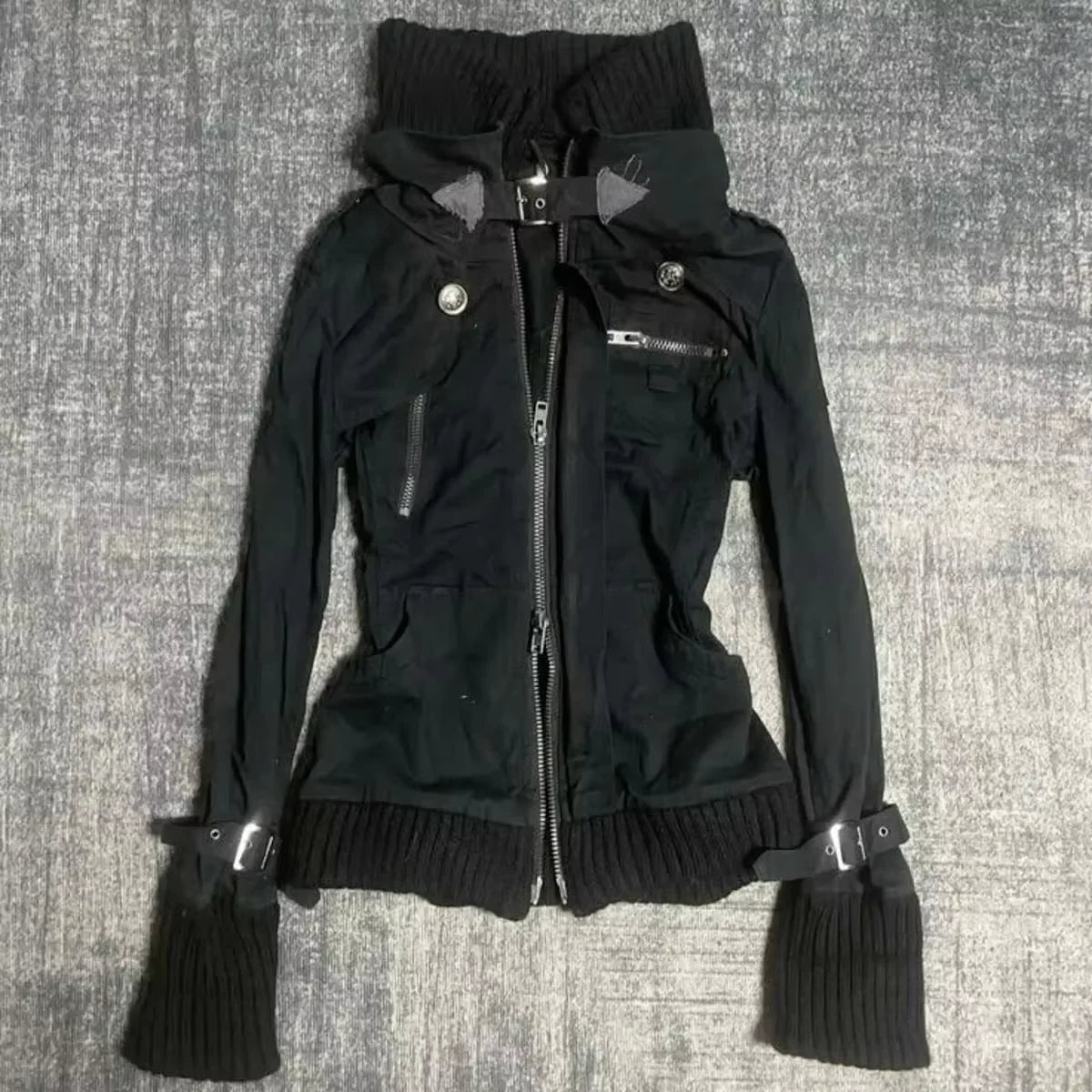 Y2k Amerikanische Schwarze Gothic Retro Knopfjacke mit Hohem Kragen, Schlanke Damenjacke für Frühling und Herbst, Dünne Hot-Girl-Jacke mit Manschetten, Lässige Motorradjacke So ist Leben