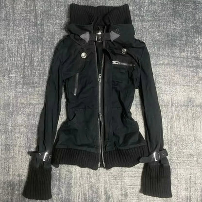 Y2k Amerikanische Schwarze Gothic Retro Knopfjacke mit Hohem Kragen, Schlanke Damenjacke für Frühling und Herbst, Dünne Hot-Girl-Jacke mit Manschetten, Lässige Motorradjacke So ist Leben