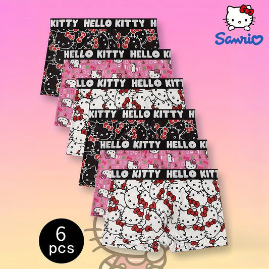 6 Stück Hello Kitty Print Herren-Sport-Boxershorts, Unterwäsche, Übergröße, atmungsaktiv, schnell trocknend, Damen-Boxershorts So ist Leben
