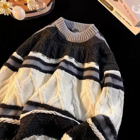 Winter Y2K Vintage Gestreifter Pullover Für Mann 2025, Neue Patchwork Baggy Gestrickte Pullover Koreanische Mode Streetwear Strickwaren Jersey So ist Leben