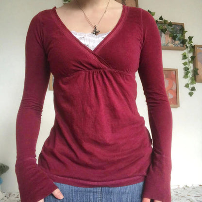 Frauen Fee Y2k Cottage T-shirt Kokette V-ausschnitt Langarm Babydoll Tees Herbst Frühling Casual Pullover Tops Vintage Kleidung So ist Leben