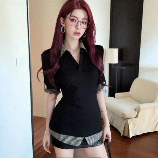 Slim Fit Polokragen Kurzarm-Shirt Damen Sommer Schlankmachendes Top Spicy Girl Karomuster Zweiteiler Set Polyesterfaser So ist Leben