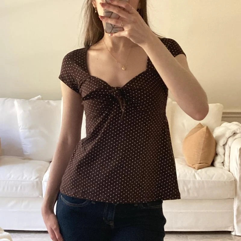Damen Fairy Grunge Coquette T-Shirts Y2K Süße Kurzarm Babydoll Tops 90er Jahre Preppy Girls Vintage Ästhetische Blusen Crop Tops So ist Leben