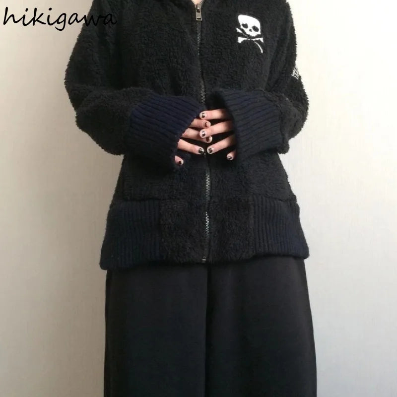 Harajuku Übergroße Jacken frauen Kleidung Y2k Tops Streetwear BF Lamm Wolle Mit Kapuze Jacke Warme Schädel Zipper Casual Chic Mäntel So ist Leben