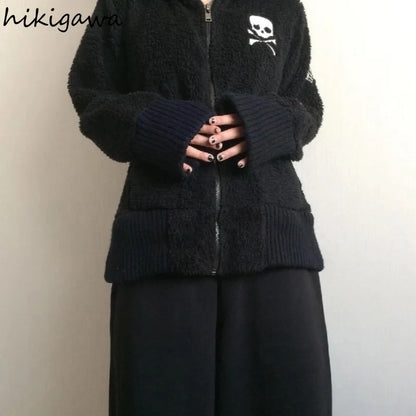Harajuku Übergroße Jacken frauen Kleidung Y2k Tops Streetwear BF Lamm Wolle Mit Kapuze Jacke Warme Schädel Zipper Casual Chic Mäntel So ist Leben
