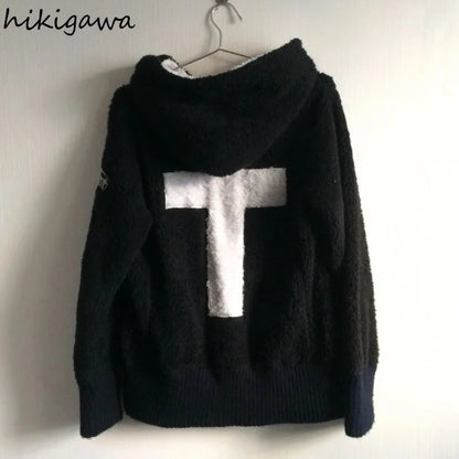 Harajuku Übergroße Jacken frauen Kleidung Y2k Tops Streetwear BF Lamm Wolle Mit Kapuze Jacke Warme Schädel Zipper Casual Chic Mäntel So ist Leben