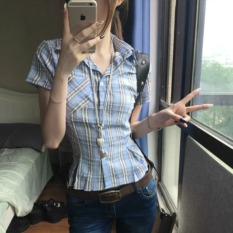 Genayooa Y2k Vintage-Shirt für Damen, kurzärmelig, karierte Bluse und Hemd, japanische 2000er-Jahre-T-Shirt-Tops, Streetwear, amerikanische Retro-Shirts So ist Leben
