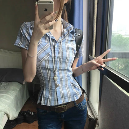 Genayooa Y2k Vintage-Shirt für Damen, kurzärmelig, karierte Bluse und Hemd, japanische 2000er-Jahre-T-Shirt-Tops, Streetwear, amerikanische Retro-Shirts So ist Leben