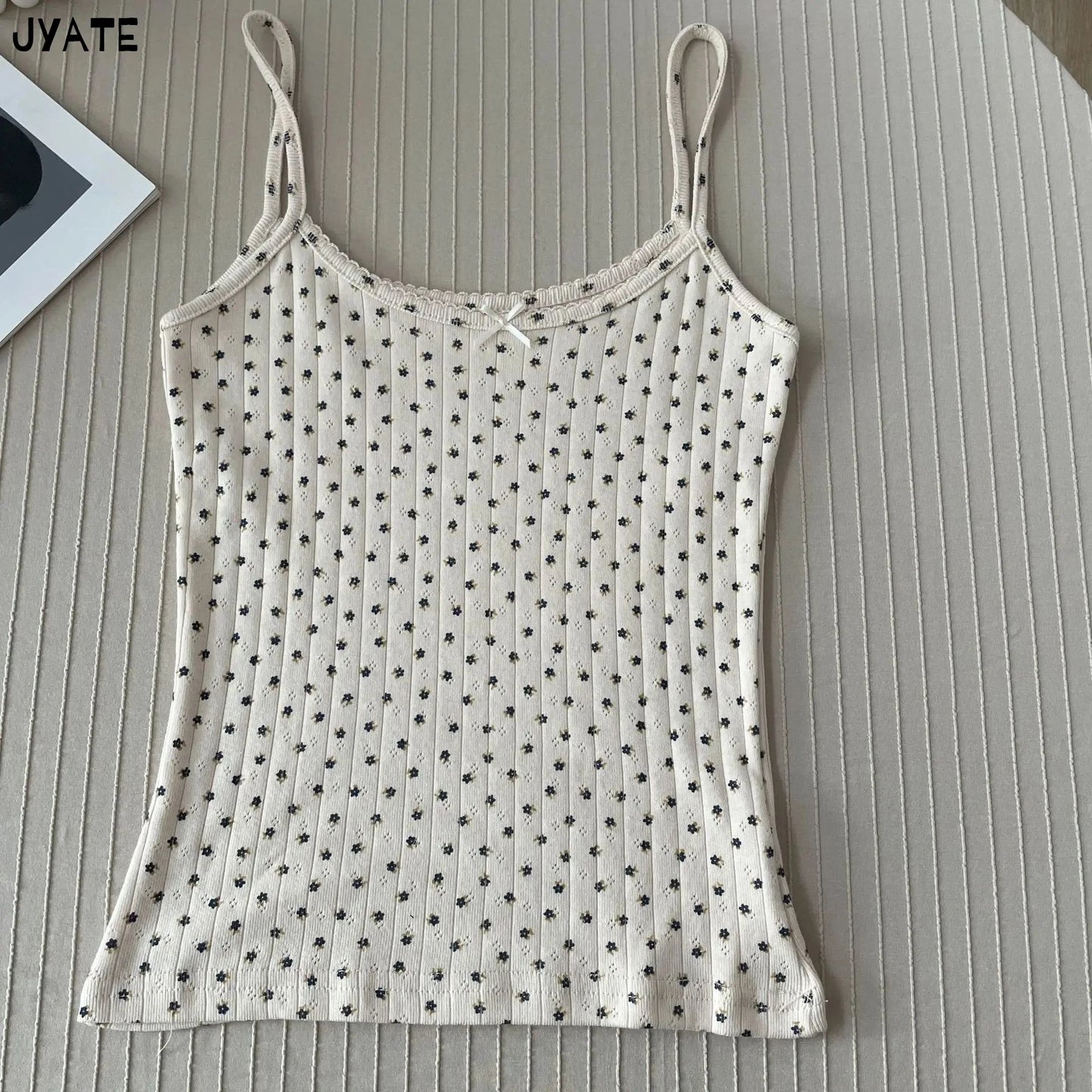 Süße Blumendruck Öse Schleife abgeschnittene Westen Frauen Baumwolle beiläufige dünne Spitzenbesatz Tank Tops Vintage Adrette süße Leibchen Y2K So ist Leben