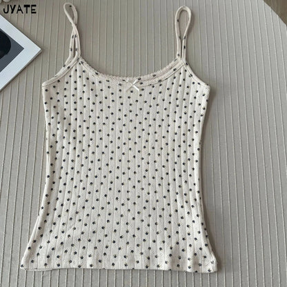 Süße Blumendruck Öse Schleife abgeschnittene Westen Frauen Baumwolle beiläufige dünne Spitzenbesatz Tank Tops Vintage Adrette süße Leibchen Y2K So ist Leben