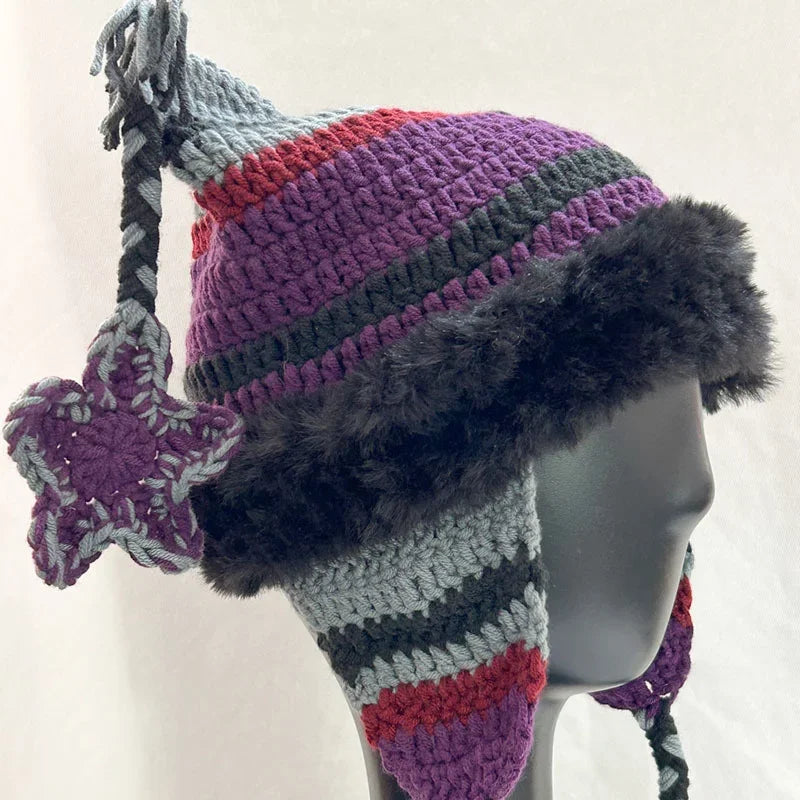 Japanische Designer Pentagramm Skullies Beanie Frauen Herbst Winter Warm Gehörschutz Handgemachte Gestrickte Hut Katzenohren Streifen Kappe Y2K So ist Leben