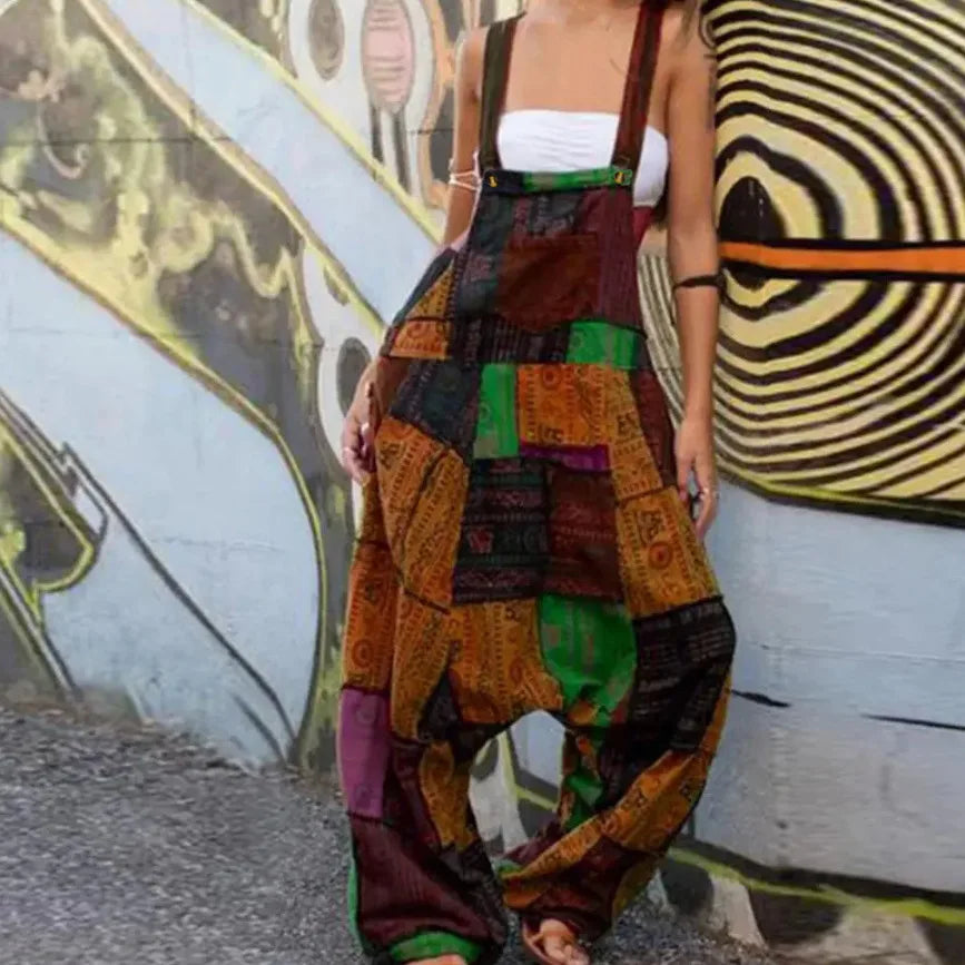 2024 Damen neuer Hip-Hop-Overall, heißer Stil, Hippie-Nähte, ethnischer Druck, ärmellos, lockere Haremtasche, Overalls, Grün So ist Leben