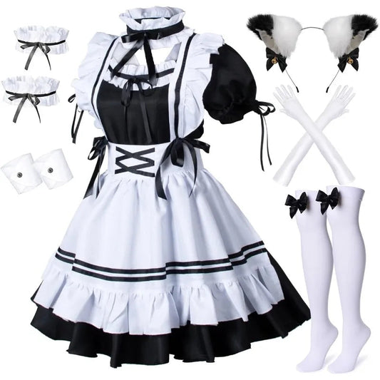 Anime Französisch Maid Schürze Lolita Kostüm Cosplay Kostüm Pelzigen Katze Ohr Handschuhe Socken Halloween Karneval Party So ist Leben