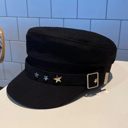 Frauen Baskenmütze Schwarz Stern Hut Frühling und Herbst Winter Britischen Retro Mode Neue Meer Militärischen Stil Koreanische Kappen mutter hüte So ist Leben