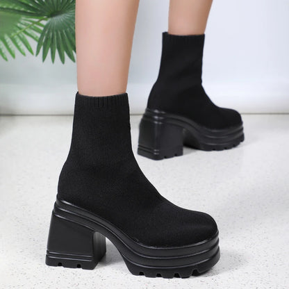 Damen Stiefeletten Mode Plateauschuhe Blockabsätze Damenstiefel Einfarbige Damen Pumps Sexy Lederstiefel Karree Botas So ist Leben