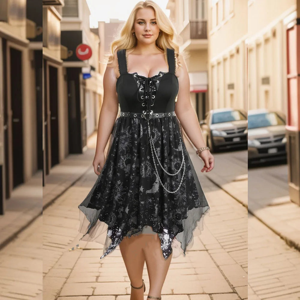 ROSEGAL Plus Size Sun Moon Star Gothic Kleider Vestidos Damen Schnür-Tülle ärmelloses Midikleid mit Gürtel und Kette So ist Leben
