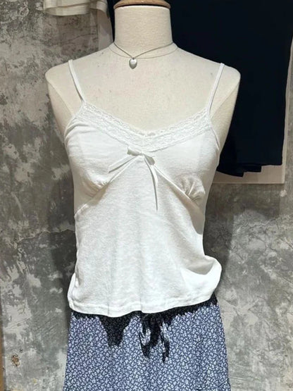 Spitzen-Patchwork Slim Tanktops für Damen, Sommerliche Einfarbige Weiche Baumwoll-Ärmellose Westen, Vintage Chic Süße Y2K Camisole So ist Leben