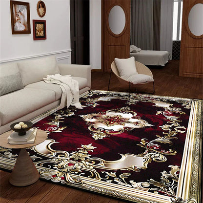 Wohnzimmer mit großem Teppich im roten Design im europäischen Stil - So ist Leben