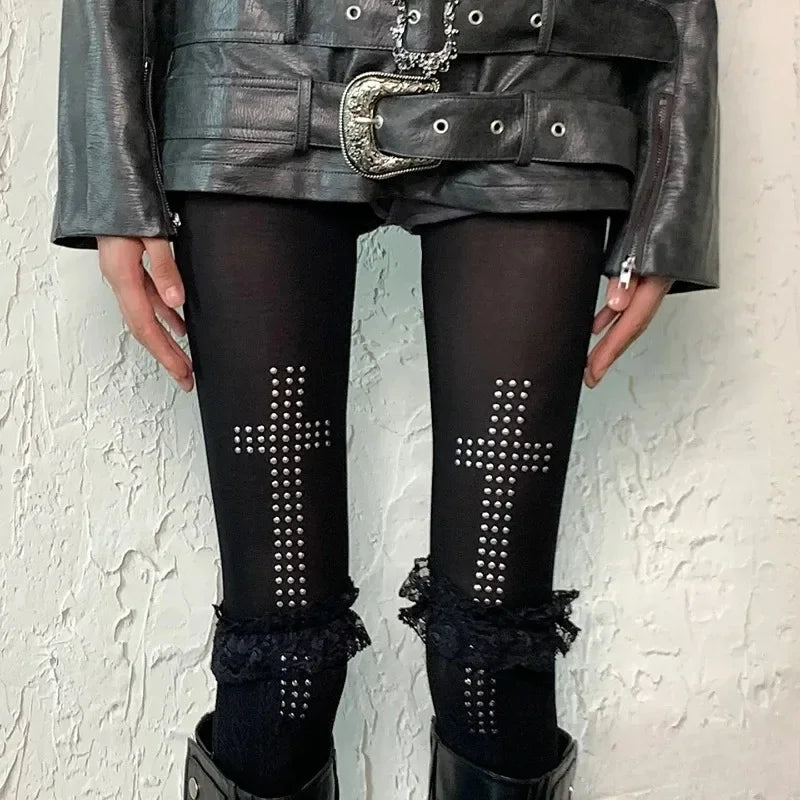 Gothic Vintage Strass Kreuz Strumpfhosen Hosen Spicy Girls Schwarz Ästhetik Hip-Hop Straße Casual Frauen Y2K Cosplay Strumpfhosen So ist Leben