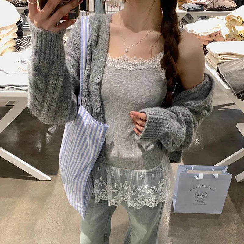 Spitzen-Unterhemd, Rüschen, Patchwork-Saum, Cami 2025, sexy Top, Damen, langes ärmelloses T-Shirt, Leibchen, Y2K, koreanische graue Baumwoll-Camis So ist Leben