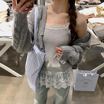 Spitzen-Unterhemd, Rüschen, Patchwork-Saum, Cami 2025, sexy Top, Damen, langes ärmelloses T-Shirt, Leibchen, Y2K, koreanische graue Baumwoll-Camis So ist Leben