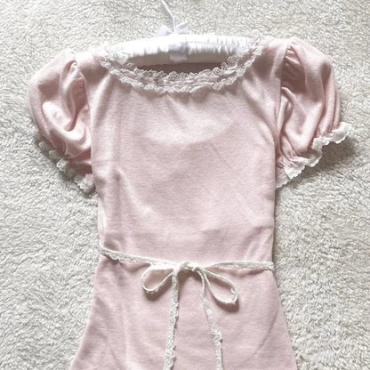 Deeptown Coquette Süße T-shirts Frauen Rosa Kawaii Bogen Elegante Kurzarm T-shirts Koreanische Mode Spitze Patchwork Dünne T-Shirts So ist Leben