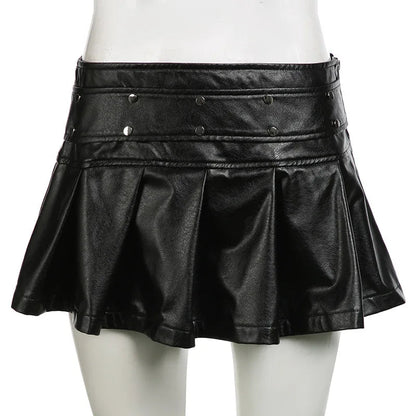 Goth Dark Punk Stil Niet Faux Pu Leder Falten röcke 90er Jahre Grunge Streetwear Frauen Einkaufs zentrum Gothic Drop A-Linie Minirock Reiß verschluss So ist Leben