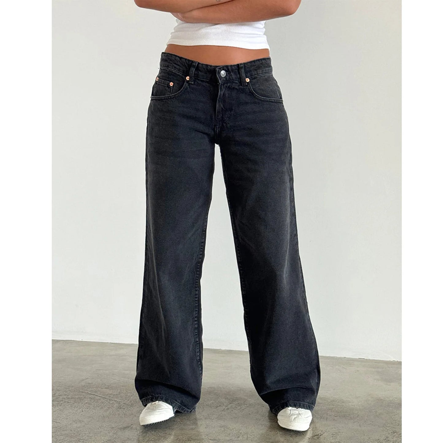 Retro Amerikanische Low-Waist Jeans ohne Stretch, Gerades Bein, Damen-Herbstmode, Weites Bein, Frischer Süßer Stil, Baumwolle So ist Leben
