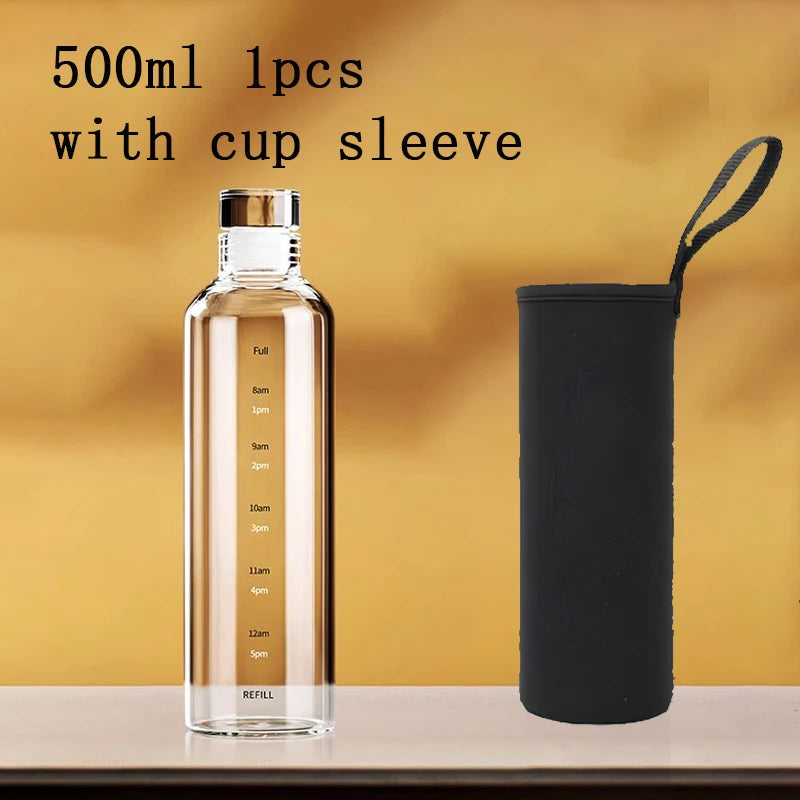FOME Sport-Wasserflasche aus Glas mit Zeitskala, Weinaufbewahrungsflasche, Outdoor-Wasserflasche für Kaffee, Tee, Milch, Saft, 500/750/1000 ml So ist Leben