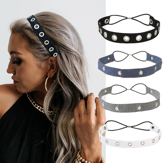 Punk Mädchen Stoff Hohl Elastisches Stirnband Metall Rock Personalisierte Hohl Ösen Haarband Casual Sport Stirnbänder Haar Zubehör So ist Leben