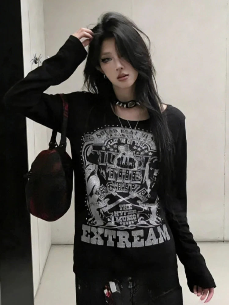 Amerikanischen Vintage Print T-shirt Frauen Ästhetischen Punk Design Langarm Gothic Y2k Tops Subkultur Casual Retro Harajuku Tees So ist Leben