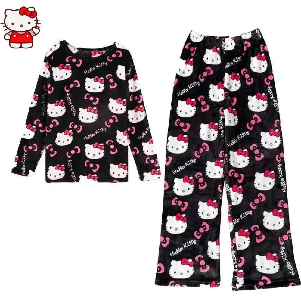 Anime Hello Kitty Plüsch-Pyjama-Anzug für Damen, Cartoon-Flanell, langärmelig, Homewear, Winter, Mädchen, warme Tops, Pannts, zweiteiliges Set - So ist Leben