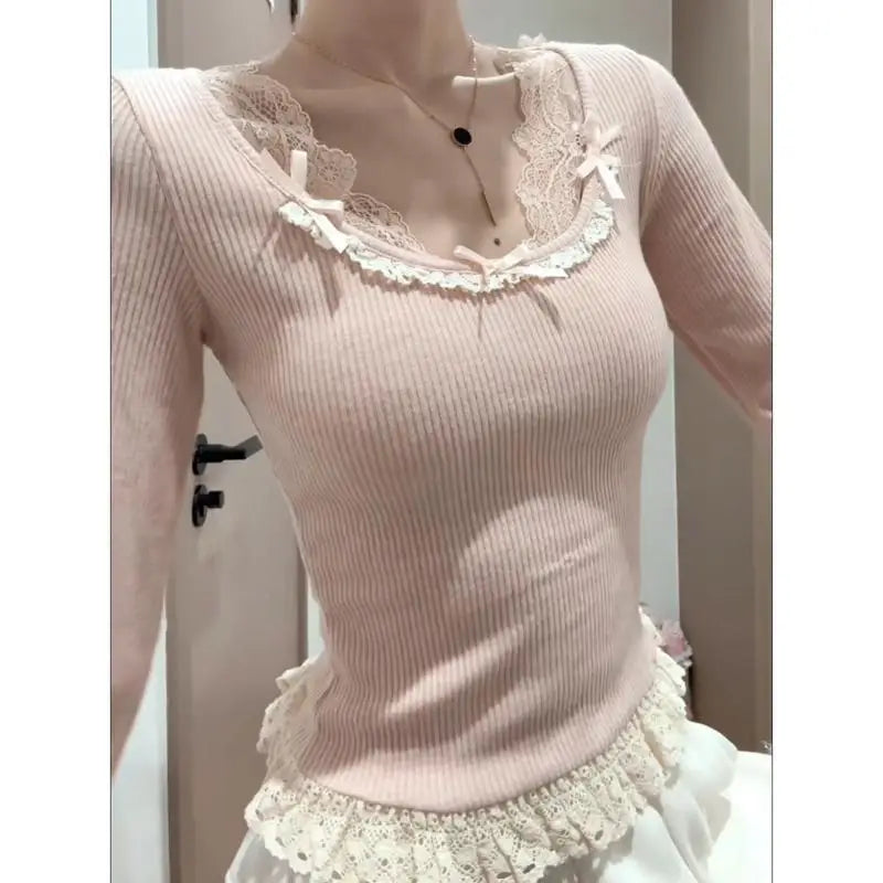 Herbst Französisch Elegante Sexy Coquette Tops frauen Y2k Elegante Streetwear T Shirt Bogen Spitze Patchwork Schlank Süße Tees So ist Leben