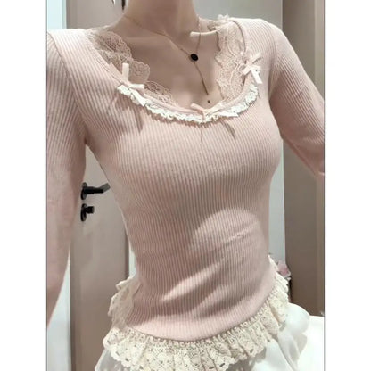 Herbst Französisch Elegante Sexy Coquette Tops frauen Y2k Elegante Streetwear T Shirt Bogen Spitze Patchwork Schlank Süße Tees So ist Leben
