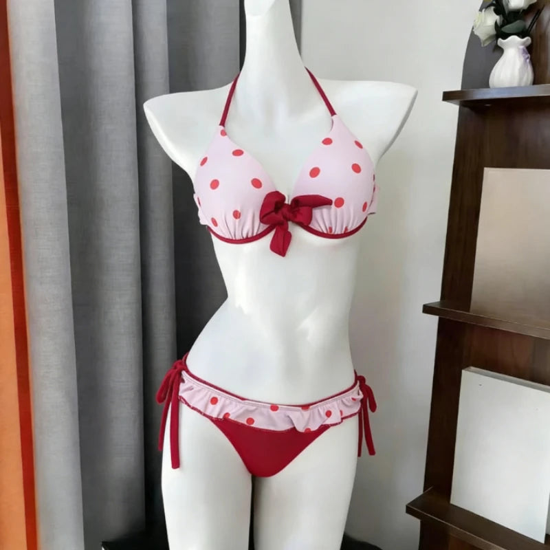 Kawaii Polka Dot Bikini-Set mit Neckholder-Trägern, zweiteiliger Badeanzug für Damen, süßer Stil, Strandparty-Badeanzug So ist Leben