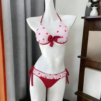 Kawaii Polka Dot Bikini-Set mit Neckholder-Trägern, zweiteiliger Badeanzug für Damen, süßer Stil, Strandparty-Badeanzug So ist Leben