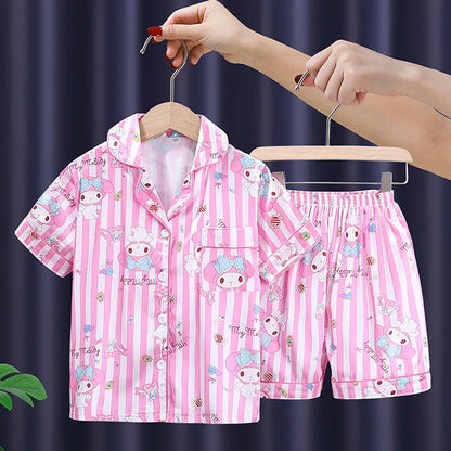 Anime 2Pcs Hallo Kitty Kuromi Kinder Pyjama Sets Sanrios Cartoon Mädchen Eis Seide Revers Kurzarm T-Shirt Tops Hosen pijamas Set