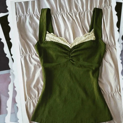 Sommerliches Vintage-Top aus olivgrüner Spitze mit Neckholder-Ausschnitt, sinnlich, weich, modisch, trendig, schlank machend und vielseitig, perfekt für jeden Anlass, Y2K. So ist Leben