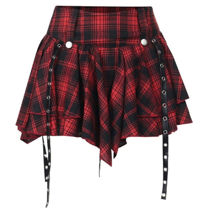Damen Gothic-Minirock mit Ösen, Bandagen, Karomuster, gestuft, plissiert, A-Linie So ist Leben